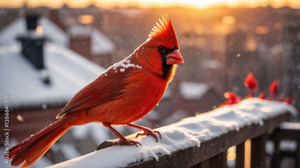 Wall mural A vibrant cardinal perched on a snow-covered railing at sunset, showcasing winter beauty.