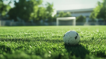 Obraz premium Soccer ball on grassy field, goal in background, sunny day, sports
