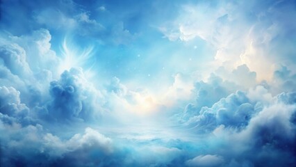 Dreamlike Celestial Cloudscape A Serene Panorama of Ethereal Blue and White Clouds with Glowing Light