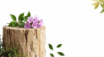 Tree stump with purple flowers on a white background, representing nature, spring, and organic beauty.

