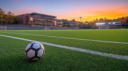 Soccer ball on field at sunset, stadium background; sports, advertising