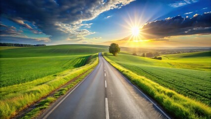 Fototapeta premium Asphalt road winding through vibrant green fields under a sunset sky, a solitary tree stands sentinel on a gentle hill