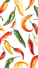 A collection of different types of chili peppers in a colorful pattern