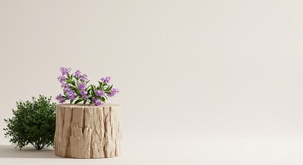 Tree stump with purple flowers on a white background, representing nature, spring, and organic beauty.

