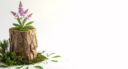 Tree stump with purple flowers on a white background, representing nature, spring, and organic beauty.

