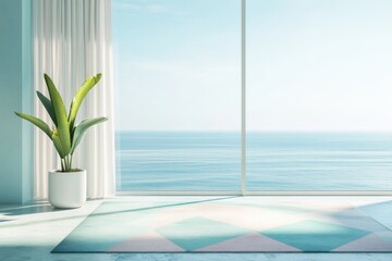 Serene coastal room with ocean view, featuring a patterned rug and a plant.