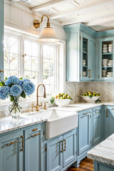 Elegant Vintage Blue Kitchen with Farmhouse Sink and Marble Countertops