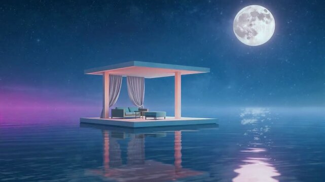 Seamless Looping 4K Video Animation Background: Dreamy Floating Lounge Under a Full Moon on a Serene Ocean