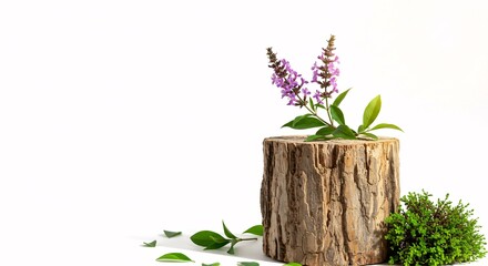 Tree stump with purple flowers on a white background, representing nature, spring, and organic beauty.

