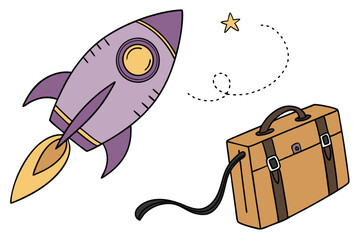11 A digital illustration of a stylized, cartoonish rocket ship and a briefcase. The rocket ship is purple with a yellow nose cone and an orange tail. It has a black strap attached to the side. The br