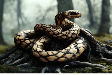 Fototapeta premium Coiled snake resting on roots in a mysterious forest