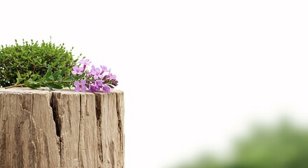 Tree stump with purple flowers on a white background, representing nature, spring, and organic beauty.

