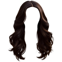 Dark brown wavy hair wig, front view, isolated on transparent background.