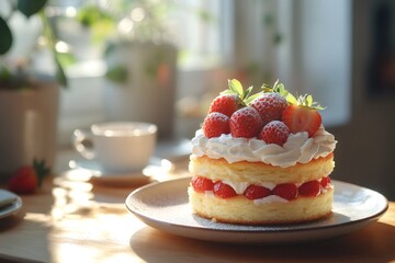 Delicious strawberry shortcake resting on a plate near a window