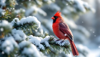 Cardinal Resting on Snowy Evergreen Branch in Winter Wonderland Setting