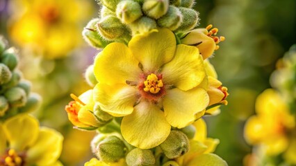 Fototapeta premium Detailed close-up of Verbascum lychnitis flower head with delicate yellow petals and prominent stamens