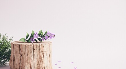 Tree stump with purple flowers on a white background, representing nature, spring, and organic beauty.

