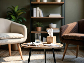 Modern Cozy Living Room with Wooden Coffee Table, Armchairs, and Bookshelf