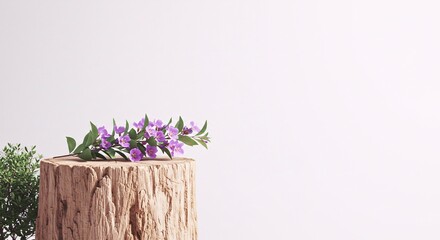 Tree stump with purple flowers on a white background, representing nature, spring, and organic beauty.

