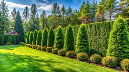 Hedge of green thuja on a sunny day surrounded by landscaped yard among pine trees, outdoor garden design, shrub border