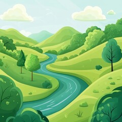 Fototapeta premium Serene River Flowing Through Lush Green Landscape Under Blue Sky