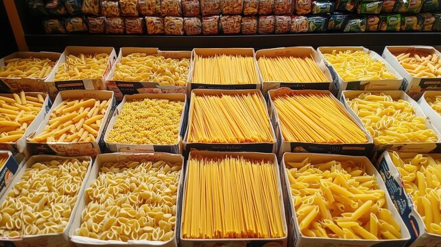 Pasta display grocery store food photography indoor market overhead view culinary variety for seo enhancement