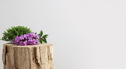 Tree stump with purple flowers on a white background, representing nature, spring, and organic beauty.

