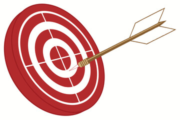  A photograph of a bright red circular target with four cross-shaped sections, featuring a wooden arrow with a white fletched end and a gold tip, lodged in the target. The arrow is angled diagonally