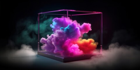 Colorful smoke inside a cube against dark background. Design concept for science, art, technology