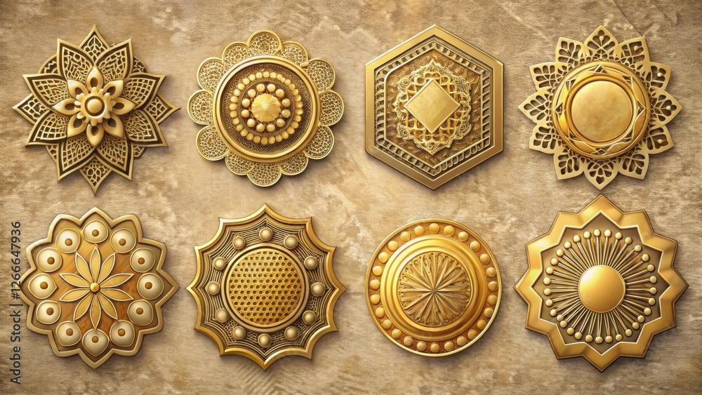 Aufkleber Collection of Eight Intricate Golden Decorative Elements with Ornate Designs and Geometric Patterns on a Textured Background