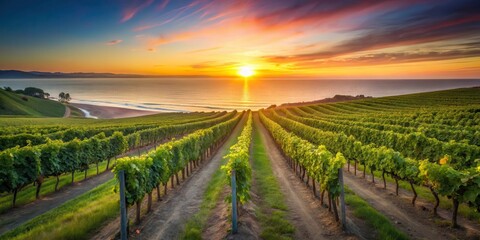 Fototapeta premium Coastal vineyard with rows of grapevines stretching towards the sea horizon at sunset, grapes, beach, grapes, beach, wine