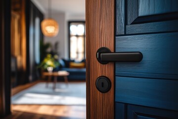 Modern apartment interior, open door, living room, cozy home