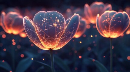 Glowing tulips with a digital, interconnected design in a vibrant garden setting.