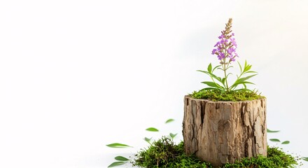 Tree stump with purple flowers on a white background, representing nature, spring, and organic beauty.

