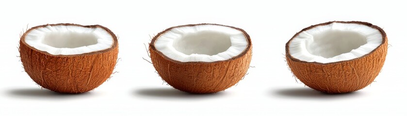 Closeup of three fresh coconuts, cracked open revealing the inside, 