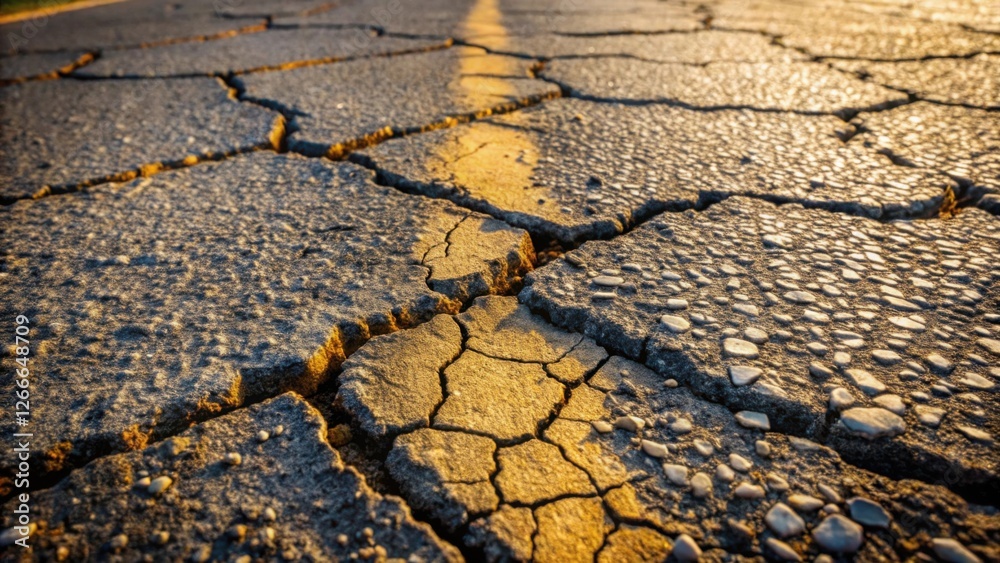 Leinwandbilder sunlit cracked pavement texture a detailed close-up view of aged asphalt with embedded stones and vi
