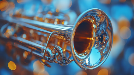 Trumpet bell detail with golden reflections against blue bokeh background showing brass instrument craftsmanship. Musical performance concept