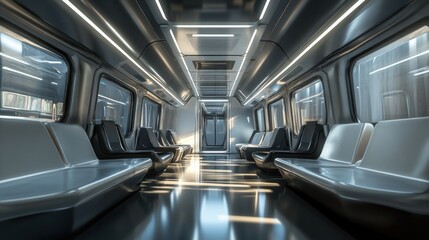 A modern, empty subway train interior with sleek seating and ambient lighting.