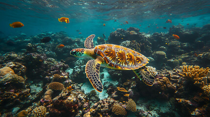 Obraz premium A vibrant coral reef teeming with colorful fish, sea turtles, and other marine creatures swimming gracefully in crystal-clear water 