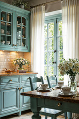 Elegant Country Kitchen with Soft Blue Cabinets and Floral Decor