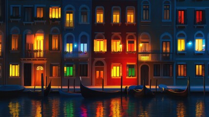 Colorful Venetian buildings illuminated at night, reflecting in the water with gondolas.