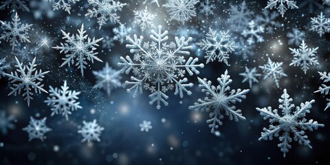 Delicate snowflakes gently fall onto a dark and mysterious black background, creating an ethereal atmosphere of serenity and peacefulness , frosty, abstract