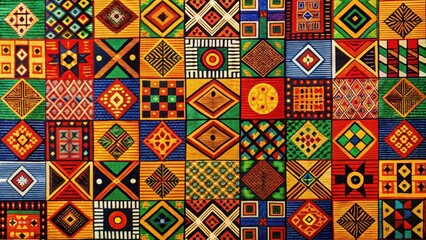Traditional African Adinkra cloth patterns featuring vibrant and colorful symbols representing ancestral wisdom and cultural heritage, African Textiles, Black Culture