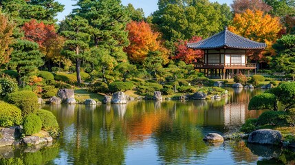 Serene Autumn Garden with Pavilion and Pond Reflection