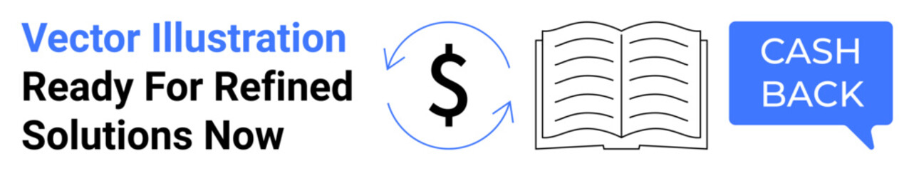 Rotating dollar, open book, and cash back speech bubble symbolize financial solutions, refunds, education. Ideal for banking, policies, learning, economics savings deals flat landing page banner