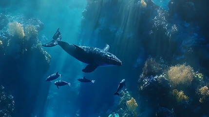 Fototapeta premium A giant whale gliding through the deep blue sea, accompanied by a group of playful dolphins in a breathtaking underwater scene 