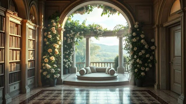 Seamless Looping 4K Video Animation Background of a Luxurious Classical Library with an Elegant Archway Leading to a Scenic Balcony Overlooking a Serene Landscape