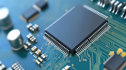 Intricate closeup of a computer chip on blue circuit board, exploring the complexities of modern technology