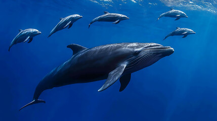 Fototapeta premium A giant whale gliding through the deep blue sea, accompanied by a group of playful dolphins in a breathtaking underwater scene 