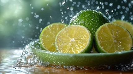 Fresh limes splashing in bowl, kitchen, bokeh background, food photography